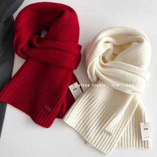 日常通勤100%澳洲纯羊毛围巾女冬季高级感复古小皮标针织围脖百搭