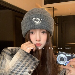 潮人字母刺绣针织帽子女秋冬酷飒冷帽保暖大头围显脸小毛线帽潮