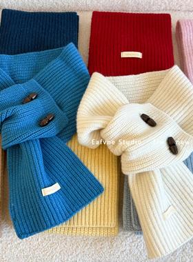 100%WOOL纯羊毛牛角扣围巾纯色小围脖交叉女士懒人保暖秋冬季领子