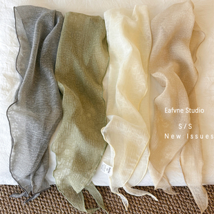 新款 领巾头巾发带 花朵印花丝巾褶皱温柔提花三角巾女夏秋百搭薄款