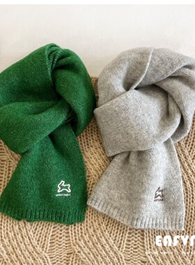 韩国原创刺绣兔子复古围巾女秋冬季保暖百搭绿色针织围脖纯色披肩
