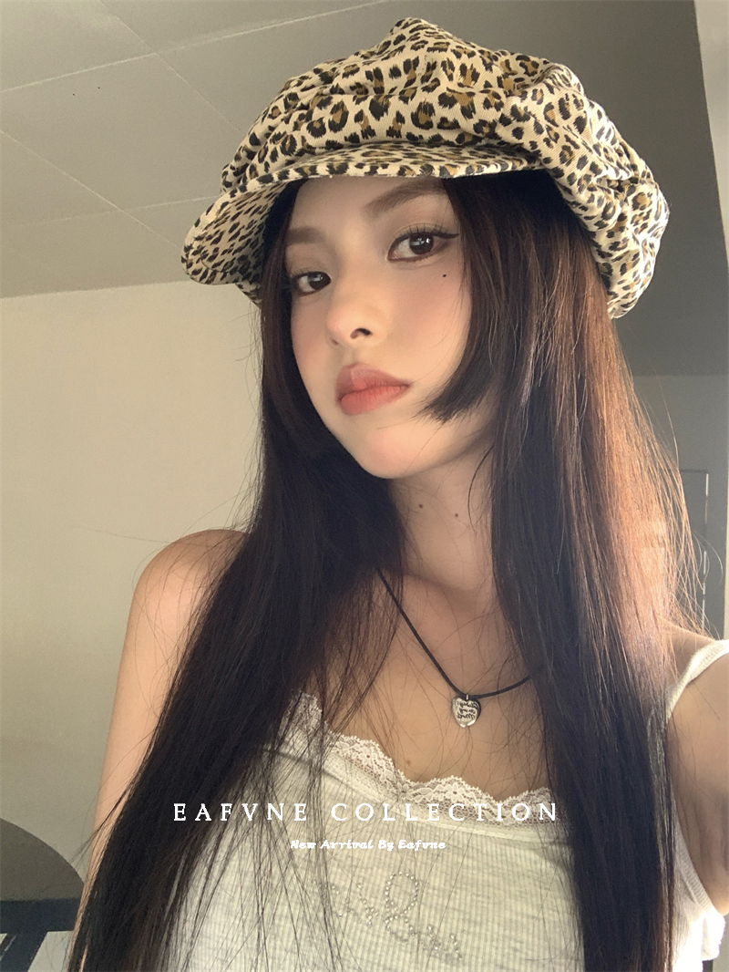 街拍韩版复古豹纹八角帽子女宽松百搭云朵帽显脸小时尚画家贝雷帽