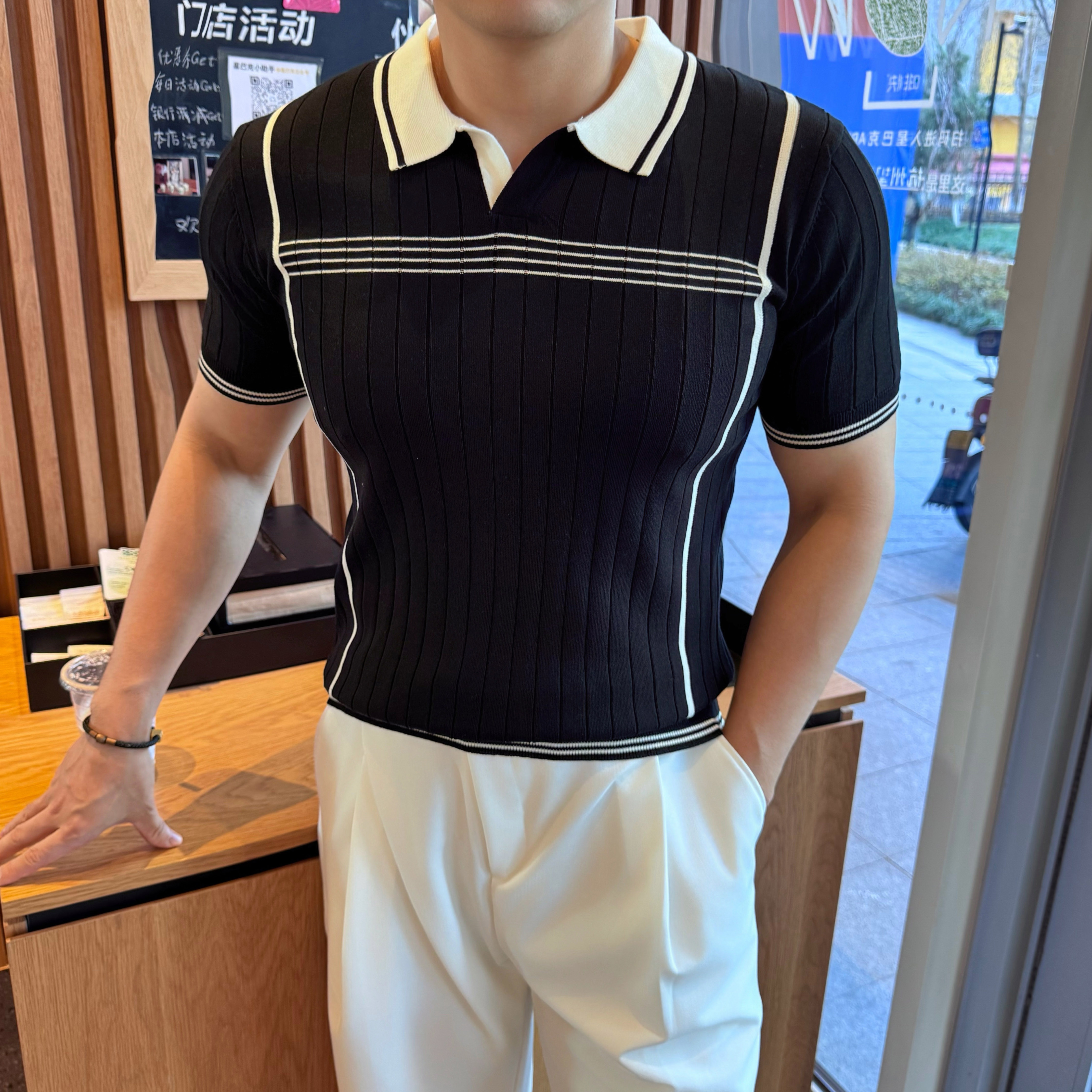 高级感针织短袖男款修身翻领痞帅T恤夏季韩版潮流帅气polo衫半袖