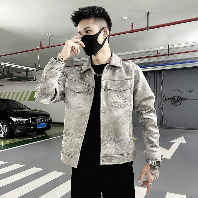 网红爆款痞帅秋装皮衣男潮牌高级感皮外套短款翻领修身皮夹克春秋