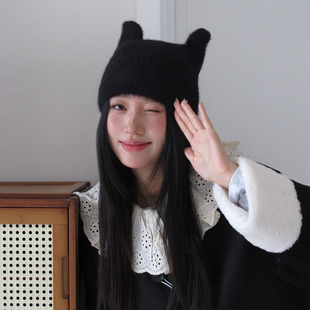 韩系可爱小众毛茸茸猫咪耳朵针织帽百搭个性 帽子女显脸小堆堆帽