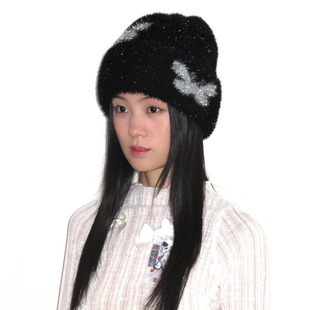 冬季 可爱保暖亮丝蝴蝶帽子女原创设计护耳针织帽设计感包头帽黑白