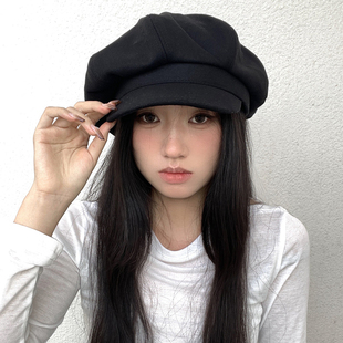 韩系黑色贝雷帽女2026新款显脸小帽子毛呢英伦复古八角帽女款秋冬