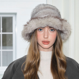 秋冬新款长毛绒盆帽冷帽保暖皮草水貂毛纯色盆帽女小众个性帽子