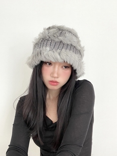 大头围真兔毛针织包头帽女2023秋冬新款 显脸小保暖护耳毛线帽防寒