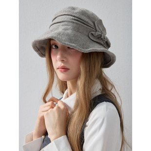 日系秋冬羊毛呢轻奢卷边设计贵气千金感礼帽设计盆帽雅名媛赫本风