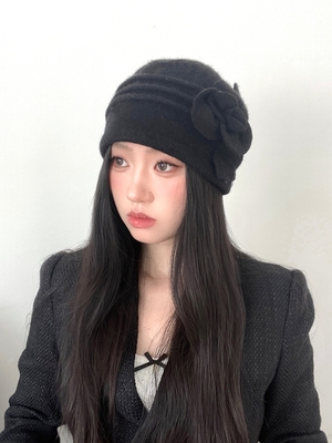 全羊毛复古时尚玫瑰花保暖质感小众设计款大头帽渔夫帽百搭礼帽