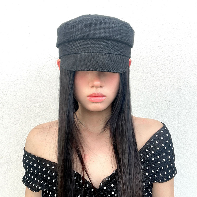 春夏薄款天然麻黑色鸭舌帽子女时尚显脸小美式复古报童帽平顶帽酷
