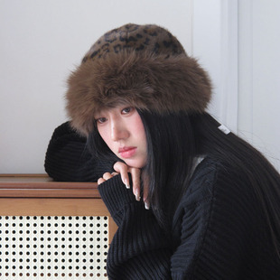 秋冬复古豹纹保暖渔夫帽日系百搭盆帽ins水桶帽子性格显脸小加厚