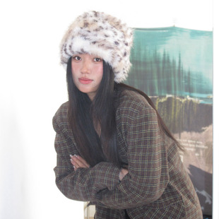豹纹仿水貂毛水桶帽女保暖防寒个性 显脸小 护耳盆帽子2024秋冬新款