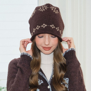 高品质含羊毛费尔岛提花冷帽 韩系保暖针织帽毛线帽简约包头帽子