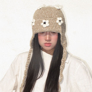 可爱花花韩系设计感针织帽护耳绑带纯色帽子冬季保暖百搭设计感