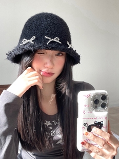 时尚 显脸小水桶帽冬天护耳帽保暖毛线 流苏毛绒绒渔夫帽女秋冬新款