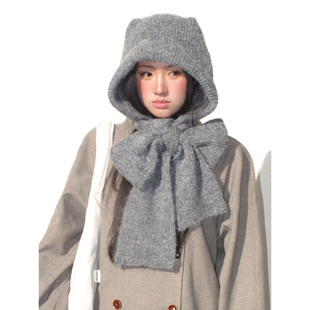 韩系猫耳帽子围巾一体保暖防寒新款连帽围脖毛线针织帽子女休闲