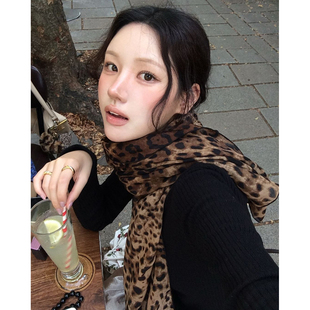 复古豹纹早春围巾女士丝巾薄款 亲肤韩系高级感围脖百搭 辣妹时尚