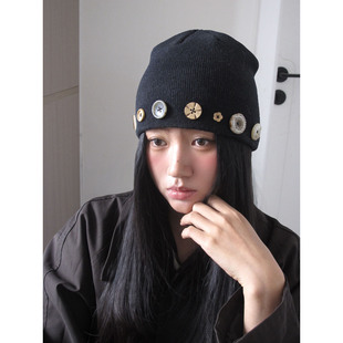 韩系设计师款 ins风保暖针织帽毛线帽简约包头帽子 可爱纽扣时尚