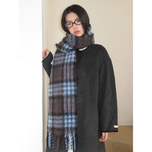 怀旧蓝羊毛混纺针织围巾女冬季 复古保暖加厚围脖护颈百搭围巾