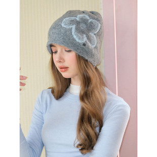 超可爱蓝色小花花包头帽氛围感百搭保暖针织帽子女显脸小护耳冷帽