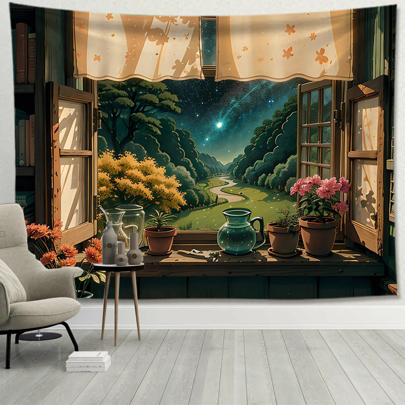 治愈窗户插画挂布背景布ins墙布床头沙发装饰布卧室墙壁遮丑挂画