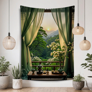 绿色系古风庭院竖版背景布小众高级感挂布直播拍照装饰布房间画布