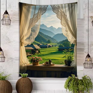 原创复古窗户小镇风景竖版挂布背景布卧室背景墙装饰画布遮丑布艺