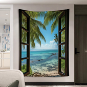 窗外海边椰树风景竖版 背景布夏日挂布卧室客厅装 饰画布直播拍照布