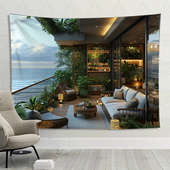 现代阳台风景背景布北欧挂布房间墙壁装 饰画布直播背景墙布置挂毯