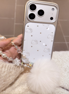 简约白色高级电镀kitty手机壳适用iphone17promax手机保护套苹果16/15毛球手机链14韩系少女心
