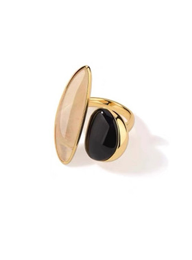 法式轻奢小众设计铜镀18K真金黑玛瑙异形天然茶晶轻奢开口戒指女