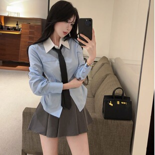 甜辣妹设计感收腰修身拼色领带长袖衬衫灰色百褶裙jk制服套装女