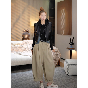 MISSKO可可欢姐早春洗水复古慵懒风立体剪裁九分工装 气球休闲裤