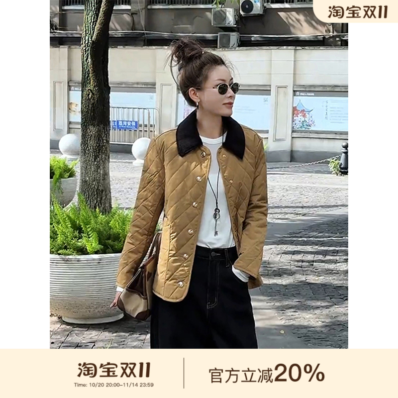 MISSKO可可欢姐秋冬复古气质英伦时尚菱格休闲羊毛翻领棉服外套女