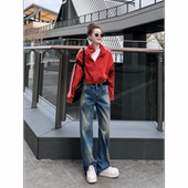 渐变扎染洗水直筒牛仔长裤 MISSKO可可欢姐新款 复古口袋款 带腰带女