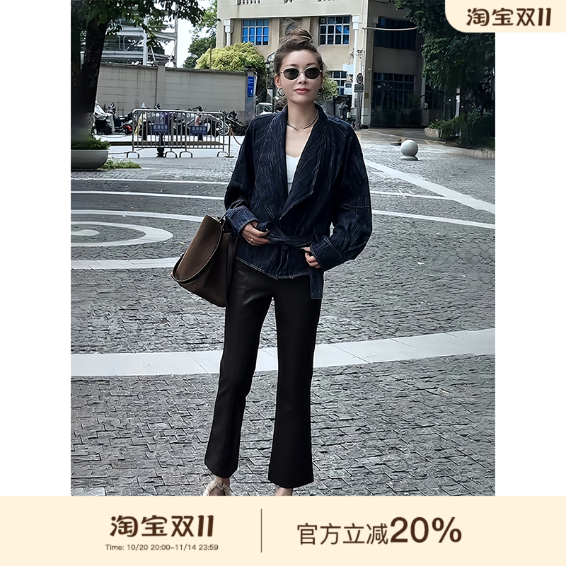 MISSKO可可欢姐复古蛋白皮立体剪裁显瘦九分喇叭皮裤时尚高腰裤子