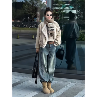 MISSKO可可欢姐2025秋冬新款加绒植绒复古色阔腿显瘦弯刀牛仔裤女