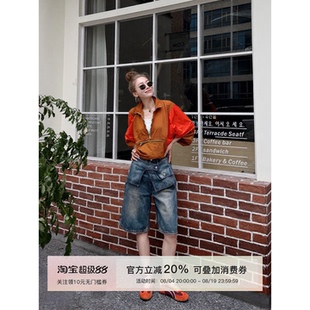 MISSKO可可欢姐复古洗水牛仔显瘦假两件自带腰封直筒中裤裤子