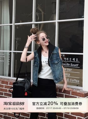 MISSKO可可欢姐夏季新款复古连帽显瘦正肩慵懒风女士牛仔上衣马甲