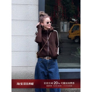 MISSKO可可欢姐秋冬显瘦加厚双面磨毛连帽保暖杠条棕色卫衣短外套