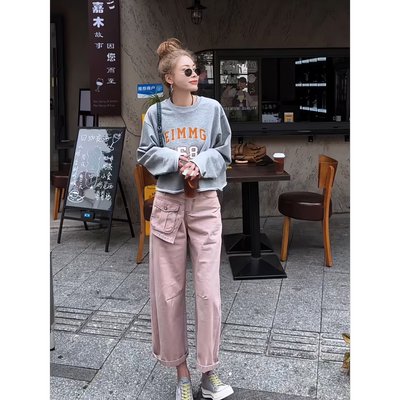 MISSKO可可欢姐春季新款复古重磅洗水棉口袋款直筒九分工装裤女士