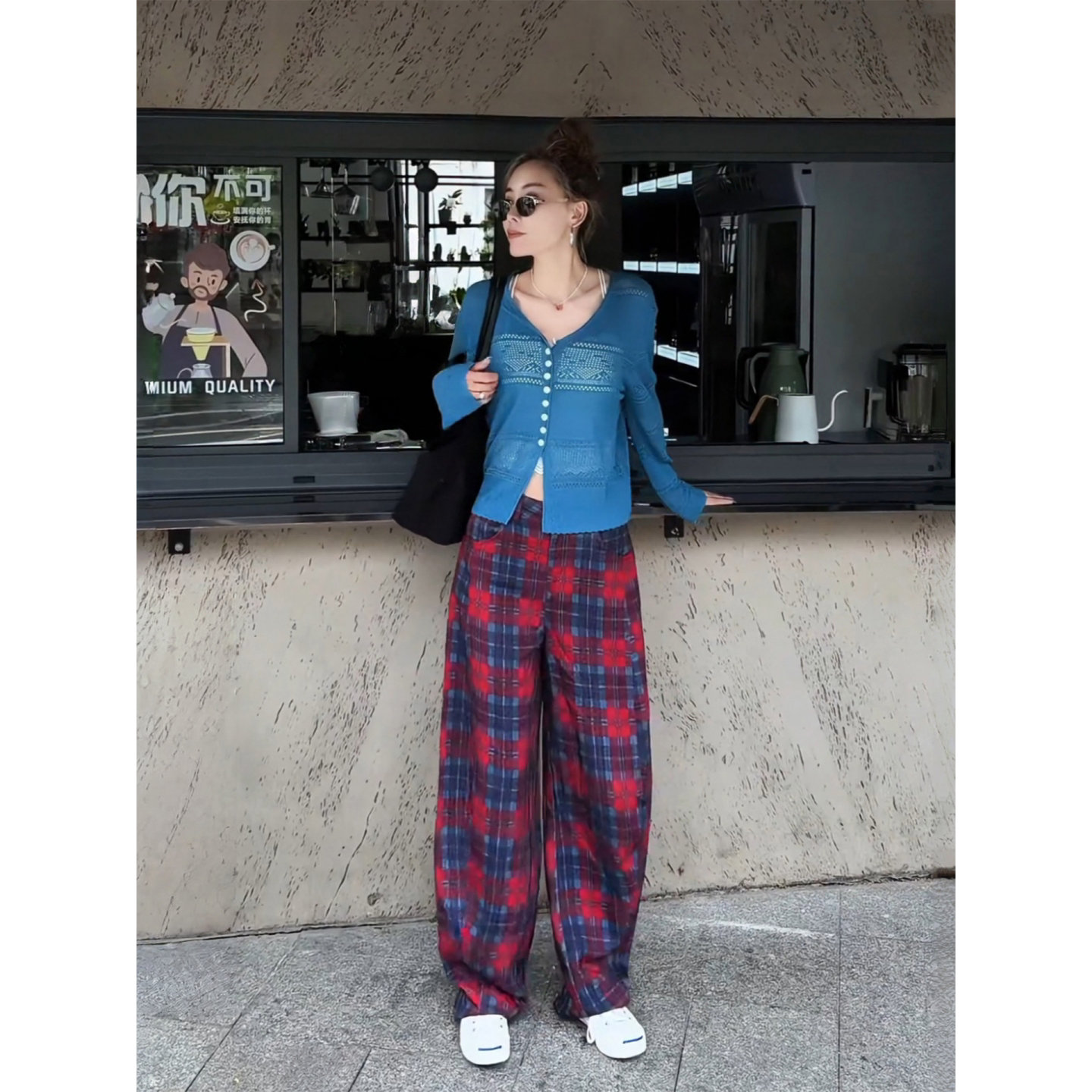 MISSKO可可欢姐小弯刀拖地裤女夏季天丝亚麻水洗撞色格纹休闲长裤