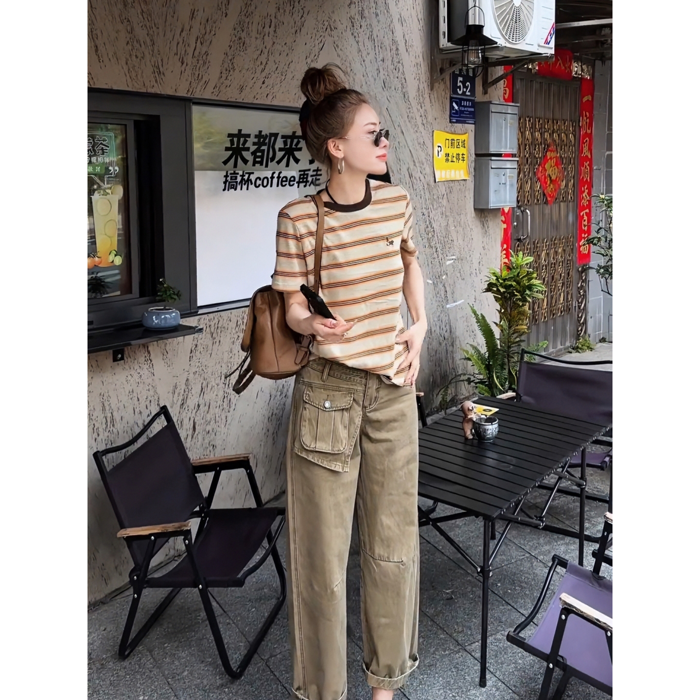 MISSKO可可欢姐春季新款复古设计慵懒风时尚撞色条纹半袖女士上衣