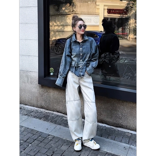 立体捏褶收腰显瘦牛仔女士衬衫 腰带款 重工洗水蝙蝠袖 可可欢姐新款