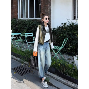 MISSKO可可欢姐早春新款 油蜡羊皮慵懒风廓形百搭冷萃羊皮马甲外穿