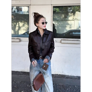 可可欢姐新款复古进口油腊羊皮斜口袋拉链袖子短款皮衣上衣外套女