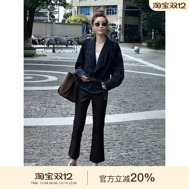 MISSKO可可欢姐复古蛋白皮立体剪裁显瘦九分喇叭皮裤时尚高腰裤子