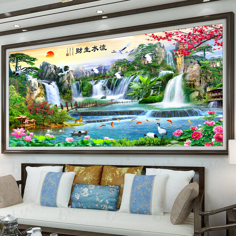 蒙娜丽莎印花十字绣2026新款客厅线绣大幅风景山水画流水生财满绣